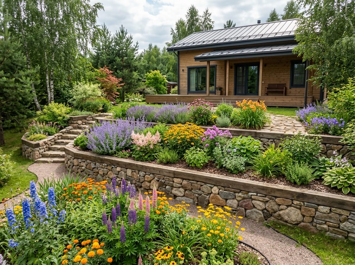 Каскадный цветник на трёх террасах, 9 м²