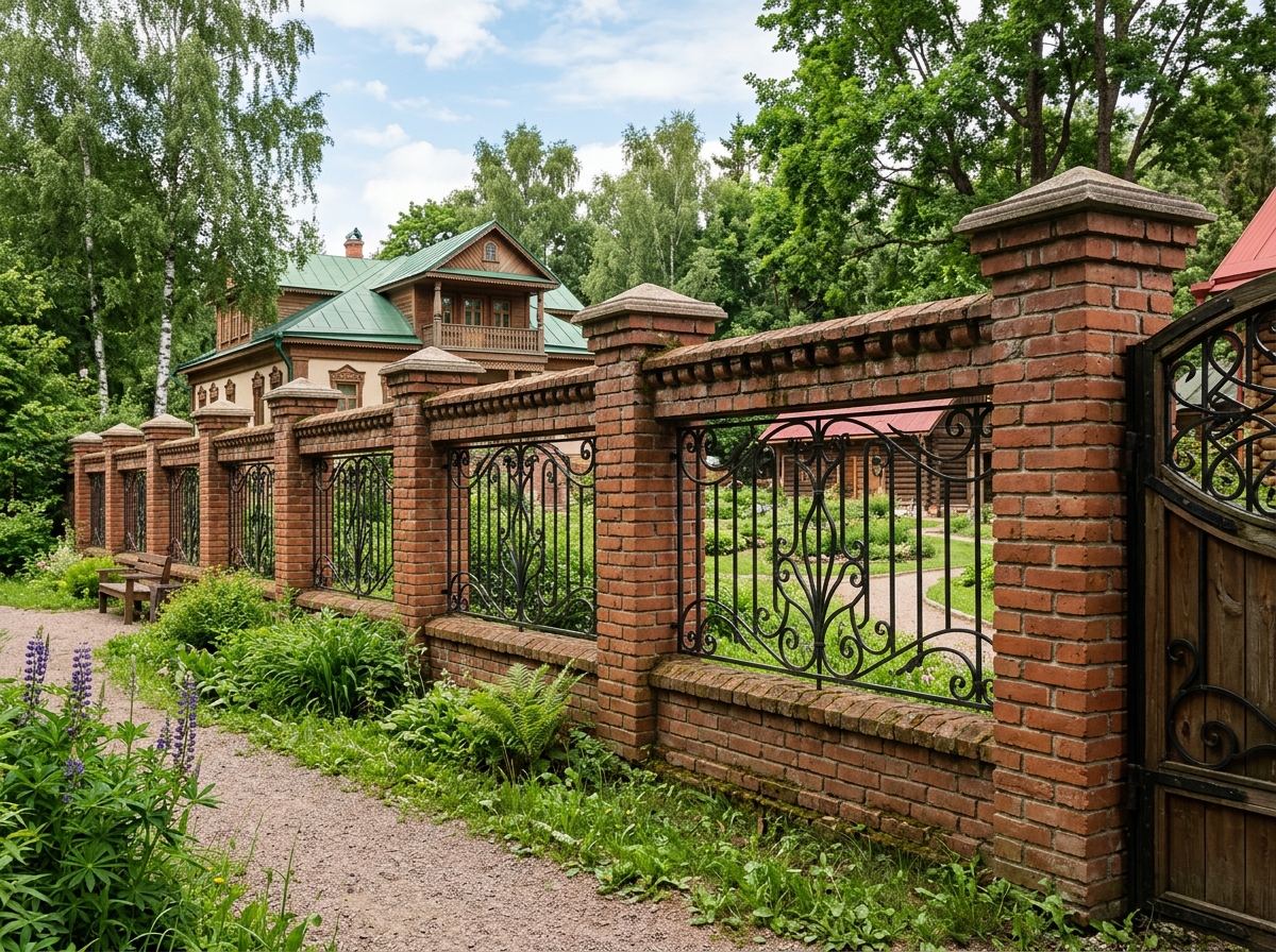Кирпичный забор и кирпичные столбы