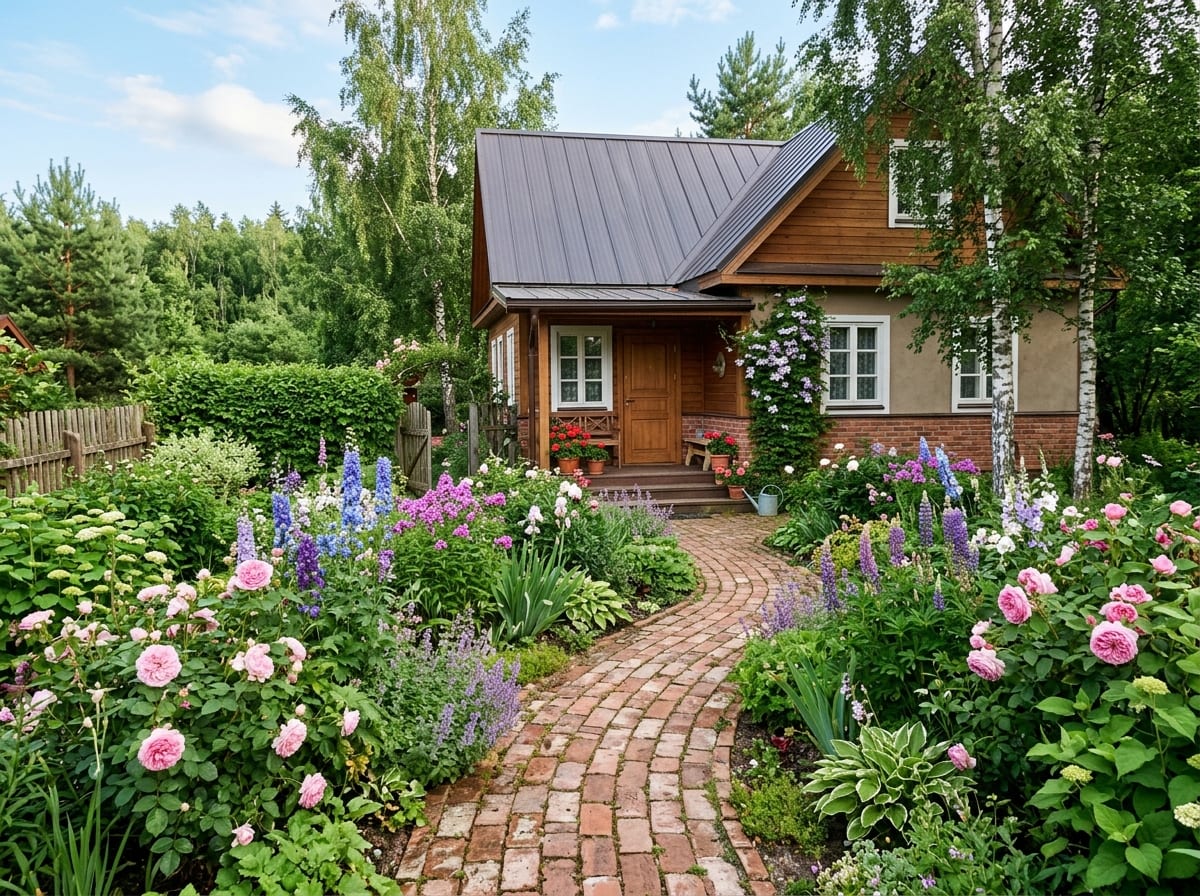 Схема входной коттеджной композиции с розами Morden Blush
