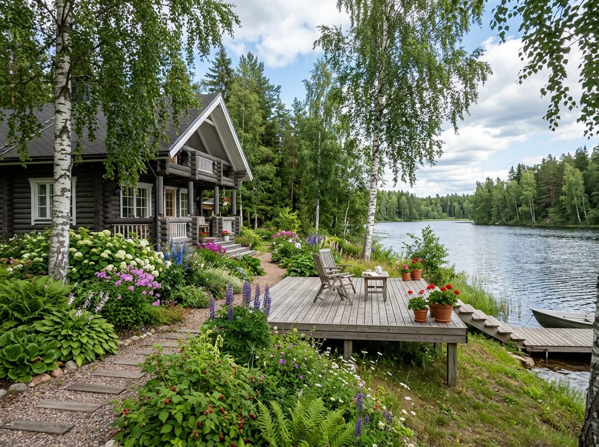 Дача в сканди-стиле на озере Селигер с деревянными мостками к воде