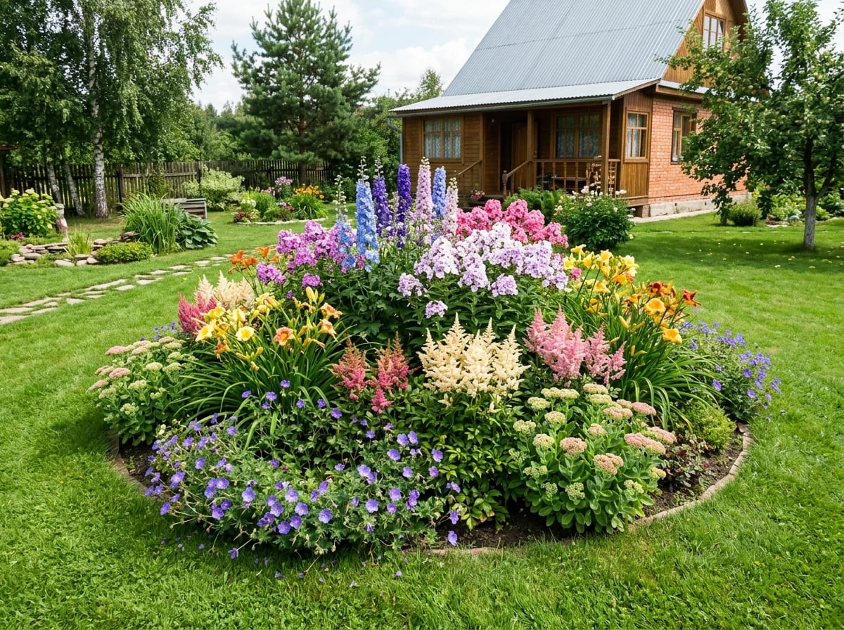 Круглая клумба из многолетников