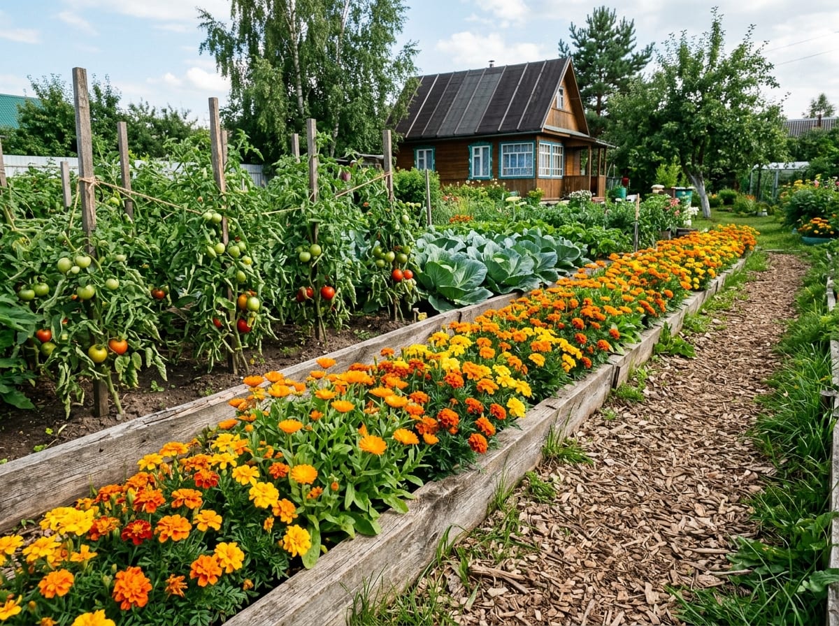 Бархатцы и календула по краю овощной грядки