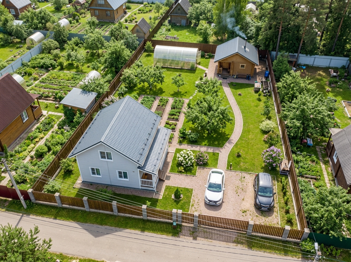 Схема планировки узкого участка 10 соток 20 на 50 метров с домом, беседкой, огородом и баней в дальнем углу