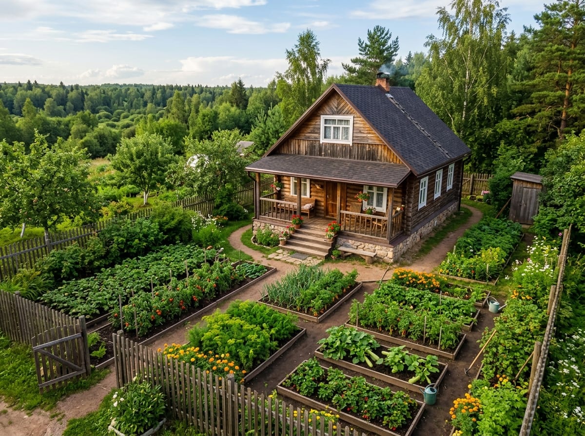 Кантри-планировка 6 соток с огородом и штакетником