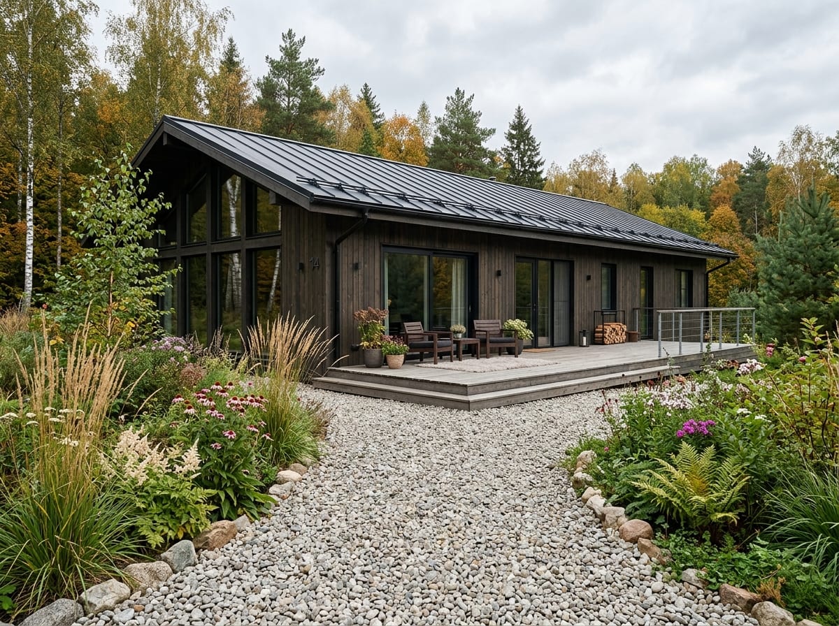 Планировка 6 соток в скандинавском стиле с серым домом и злаками