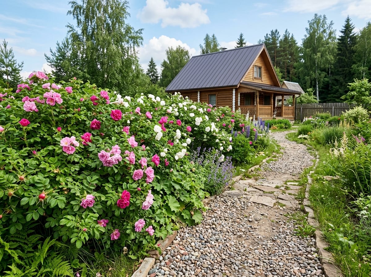 Живая изгородь из парковых роз Rugosa вдоль границы участка