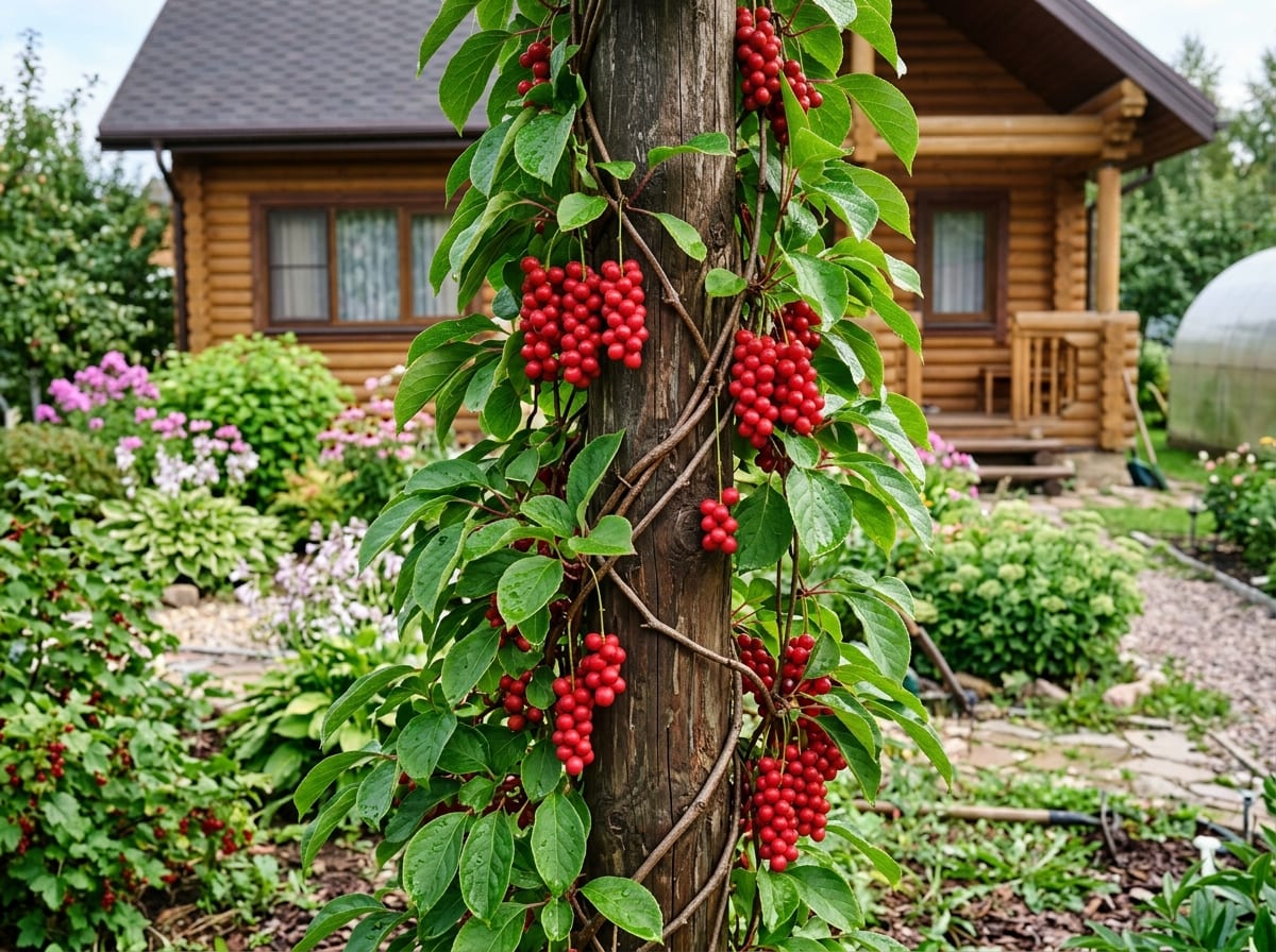 Красные кисти лимонника китайского на лиане